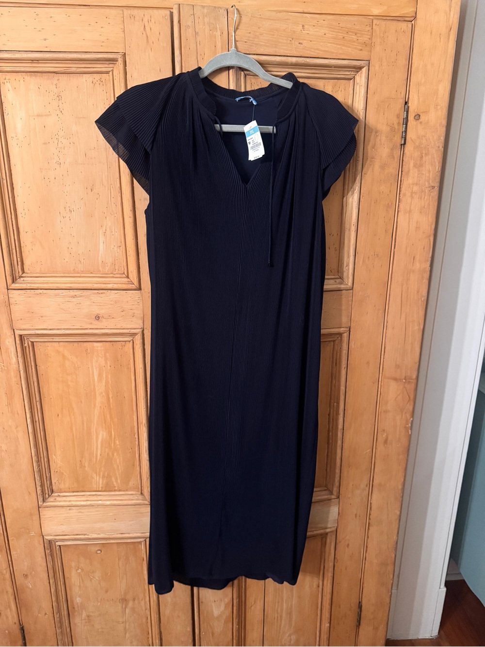 Women’s Silk Navy Pleated Cap-Sleeve Dress